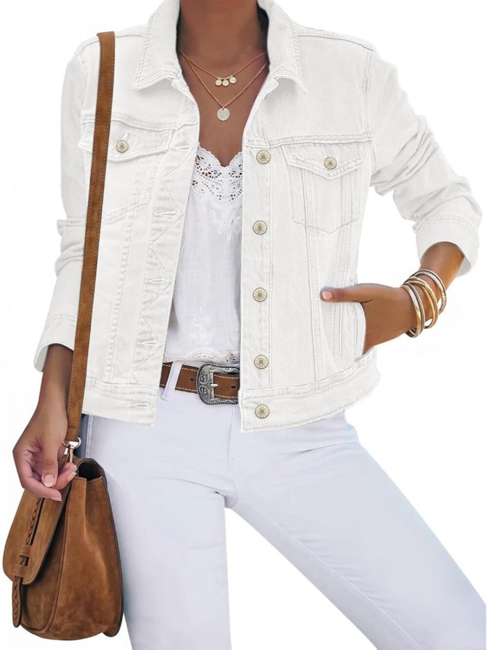 Women's Cream White Cotton Button Down Stretch Fitted Long Sleeve Jean Jacket